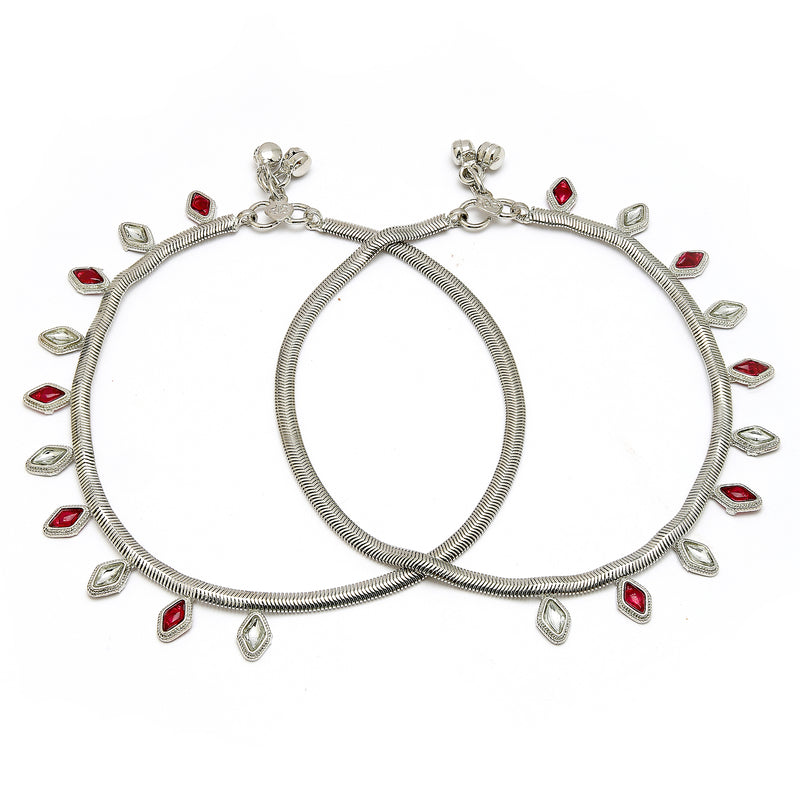 Rhodium Plated Silver Toned Red & White cubic Zirconia studded Charm Anklets