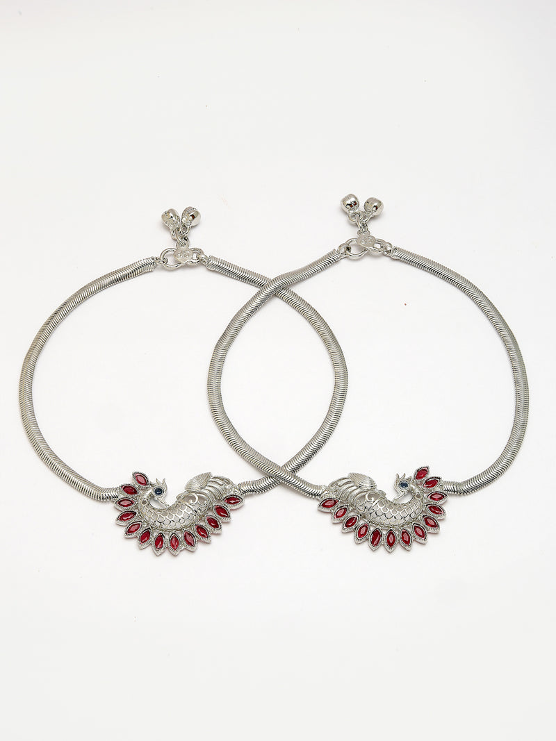 Oxidized Plated Silver Toned Anklet with Red Gemstone Studded