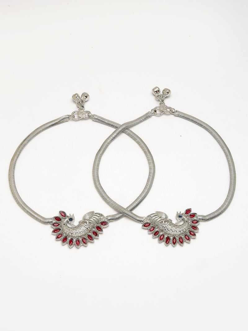 Rhodium Plated Silver Toned Peacock Red Cubic Zirconia Stone Studded Anklets