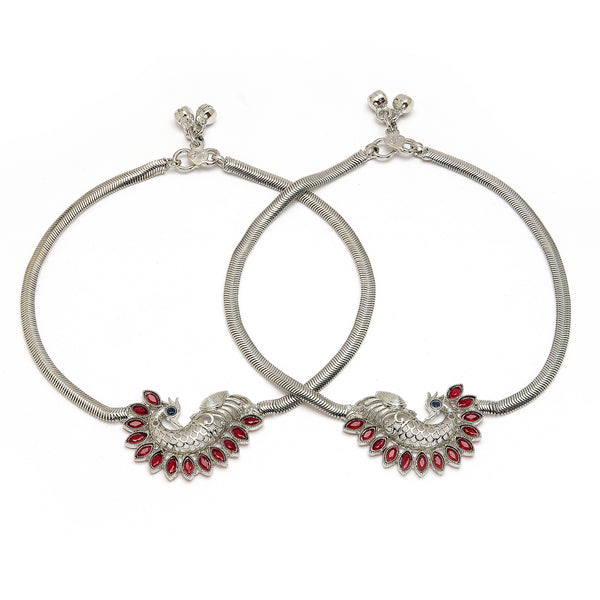 Rhodium Plated Silver Toned Peacock Red Cubic Zirconia Stone Studded Anklets