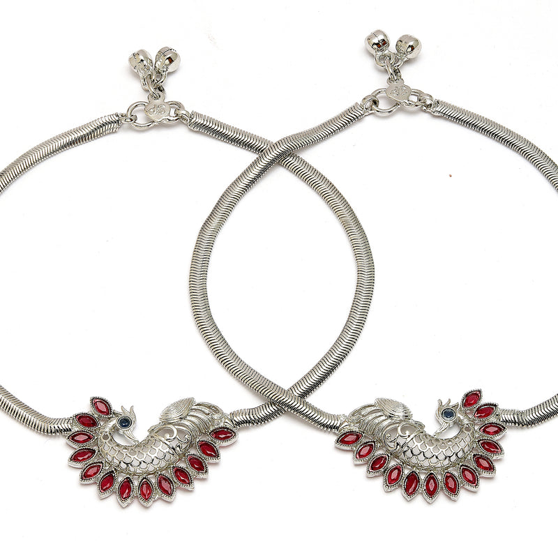 Rhodium Plated Silver Toned Peacock Red Cubic Zirconia Stone Studded Anklets