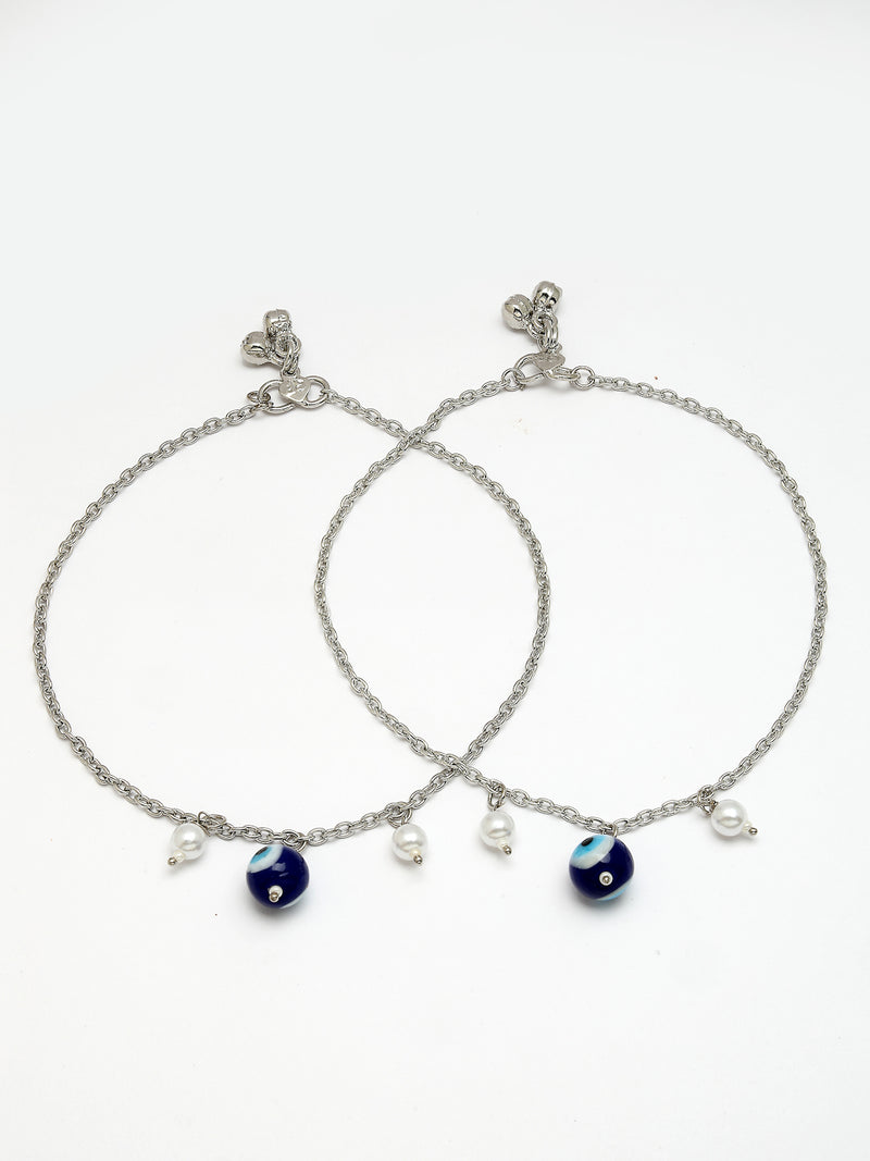 Oxidized Plated Sparkling Thin Chain Design with White & Blue Pearl Anklet