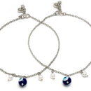 Rhodium Plated Silver Toned White cubic Zirconia Evil Eye studded Charm Anklets
