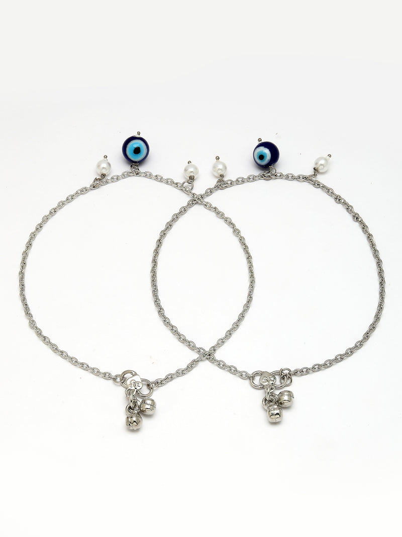 Oxidized Plated Sparkling Thin Chain Design with White & Blue Pearl Anklet