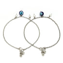 Rhodium Plated Silver Toned White cubic Zirconia Evil Eye studded Charm Anklets