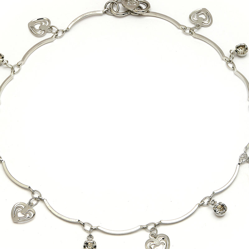 Rhodium Plated Silver Toned Heart White cubic Zirconia studded Charm Anklets