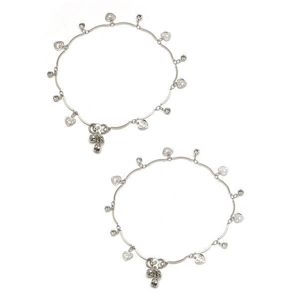 Rhodium Plated Silver Toned Heart White cubic Zirconia studded Charm Anklets