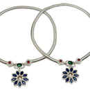 Rhodium Plated Silver Toned Flower Shaped Blue Red Green Cubic Zirconia studded Charm Anklets