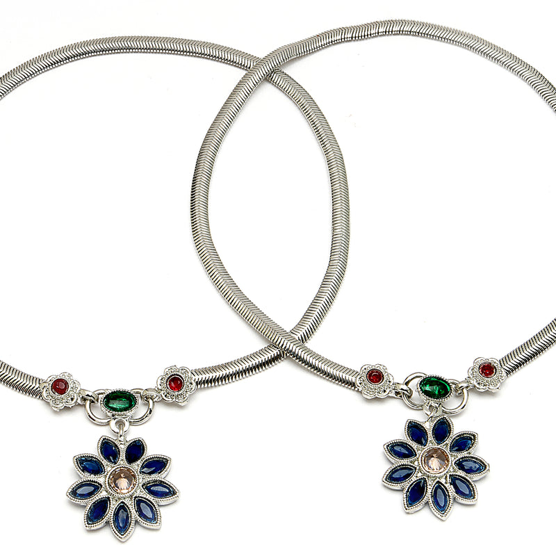 Rhodium Plated Silver Toned Flower Shaped Blue Red Green Cubic Zirconia studded Charm Anklets