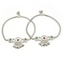 Rhodium Plated Silver Toned Flower Red Green Cubic Zirconia Studded Anklets