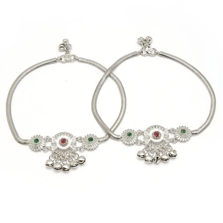 Rhodium Plated Silver Toned Flower Red Green Cubic Zirconia Studded Anklets