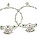 Rhodium Plated Silver Toned Flower Red Green Cubic Zirconia Studded Anklets