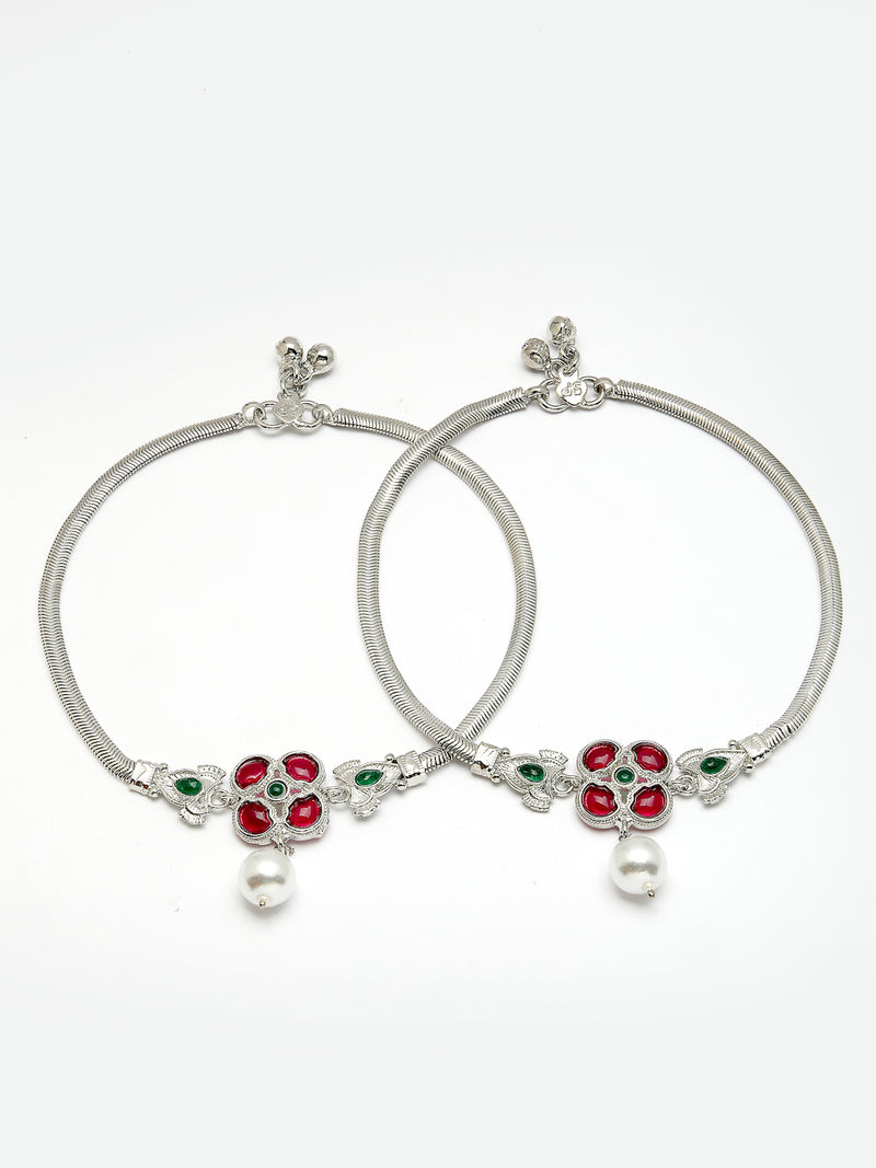 Oxidized Plated with Red & Green Cubic Zirconia & Pearl Studded Traditional Design Anklet