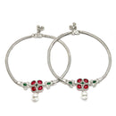 Rhodium Plated Silver Toned Flower Red Green Cubic Zirconia Studded Pearl Anklets