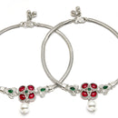 Rhodium Plated Silver Toned Flower Red Green Cubic Zirconia Studded Pearl Anklets