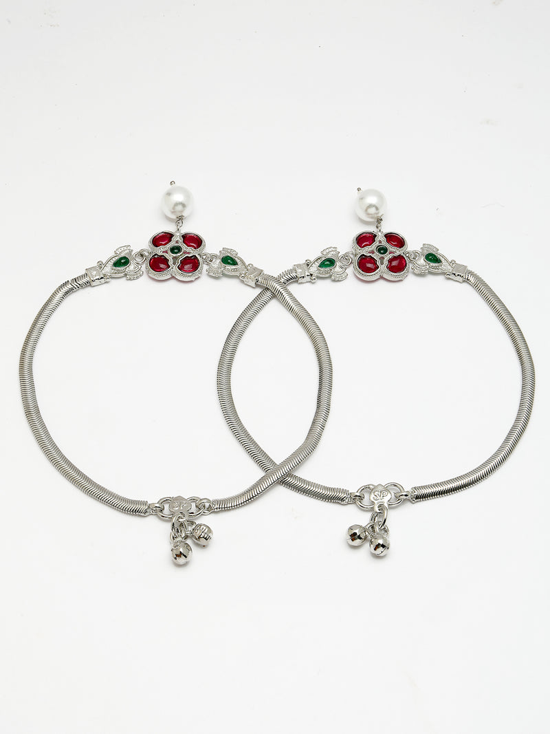 Oxidized Plated with Red & Green Cubic Zirconia & Pearl Studded Traditional Design Anklet