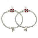Rhodium Plated Silver Toned Flower Red Green Cubic Zirconia Studded Pearl Anklets