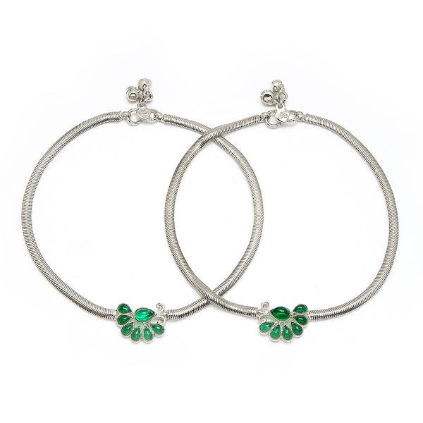 Rhodium Plated Silver Toned Flower Green cubic Zirconia studded Anklets