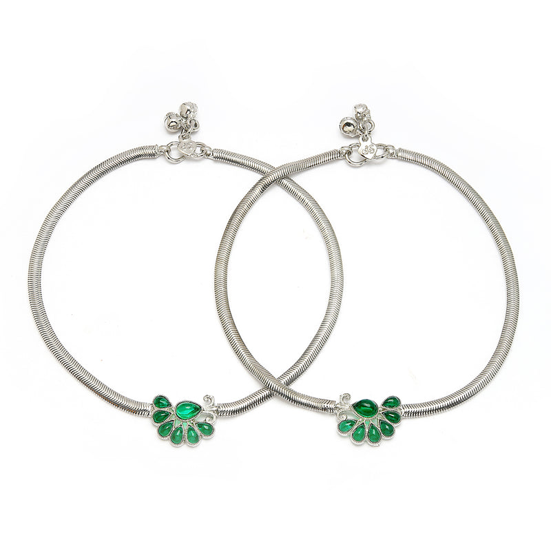 Rhodium Plated Silver Toned Flower Green cubic Zirconia studded Anklets