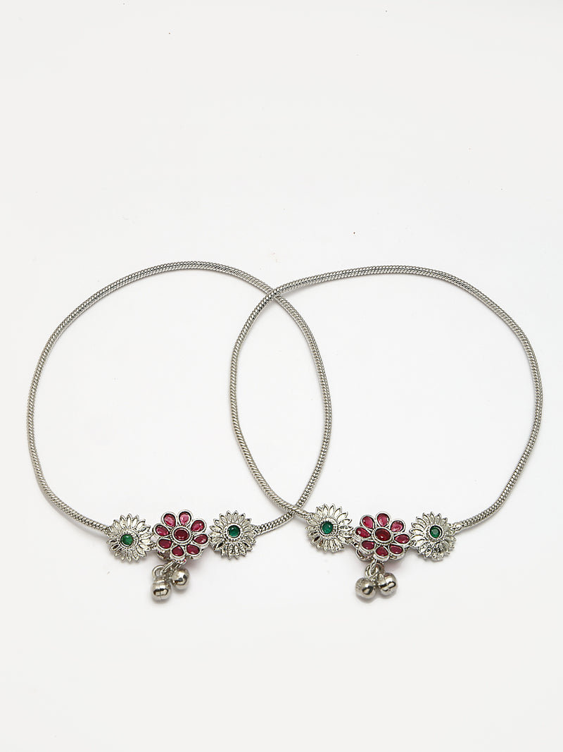 Oxidized Plated Silver Toned Anklet with Red Cubic Zirconia Stone Studded in Floral Design