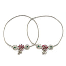 Rhodium Plated Silver Toned Flower Shaped Red Green Cubic Zirconia studded Charm Anklets