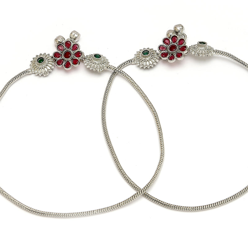 Rhodium Plated Silver Toned Flower Shaped Red Green Cubic Zirconia studded Charm Anklets