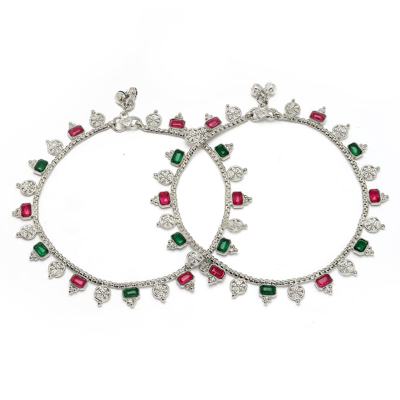 Rhodium Plated Silver Toned Rectangle Red White Green Cubic Zirconia Studded Anklets