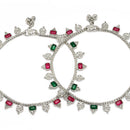 Rhodium Plated Silver Toned Rectangle Red White Green Cubic Zirconia Studded Anklets