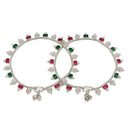 Rhodium Plated Silver Toned Rectangle Red White Green Cubic Zirconia Studded Anklets