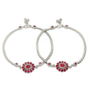 Rhodium Plated Silver Toned Flower Shaped Red Cubic Zirconia studded Anklets
