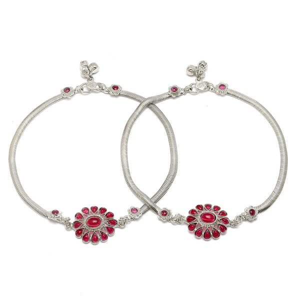 Rhodium Plated Silver Toned Flower Shaped Red Cubic Zirconia studded Anklets