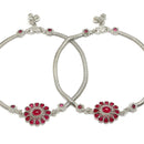 Rhodium Plated Silver Toned Flower Shaped Red Cubic Zirconia studded Anklets