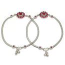 Rhodium Plated Silver Toned Flower Shaped Red Cubic Zirconia studded Anklets