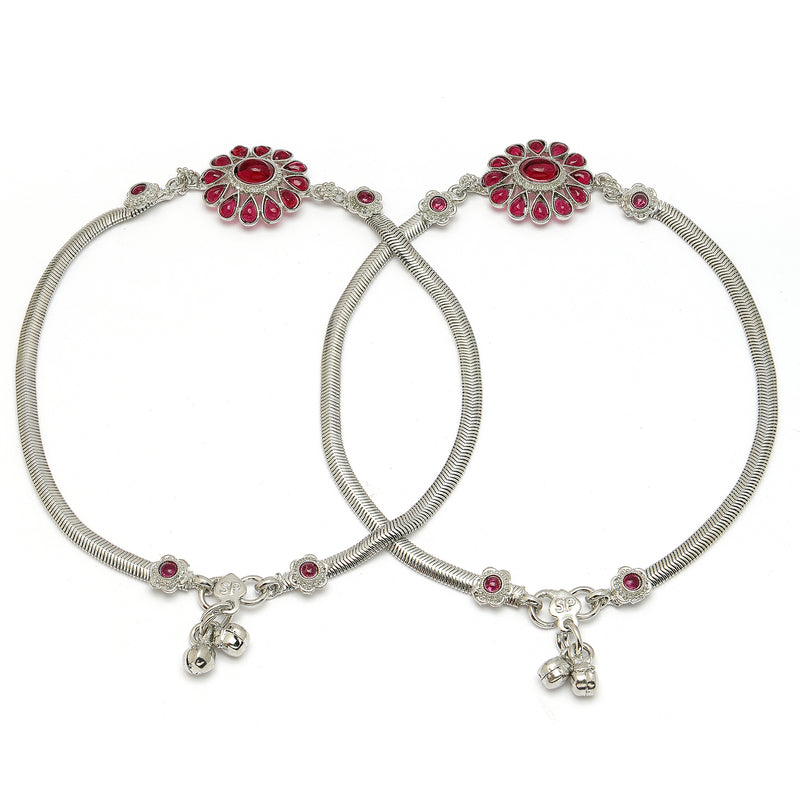 Rhodium Plated Silver Toned Flower Shaped Red Cubic Zirconia studded Anklets