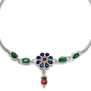 Rhodium Plated Silver Toned Flower Shaped Red Blue Green Cubic Zirconia studded Charm Anklets