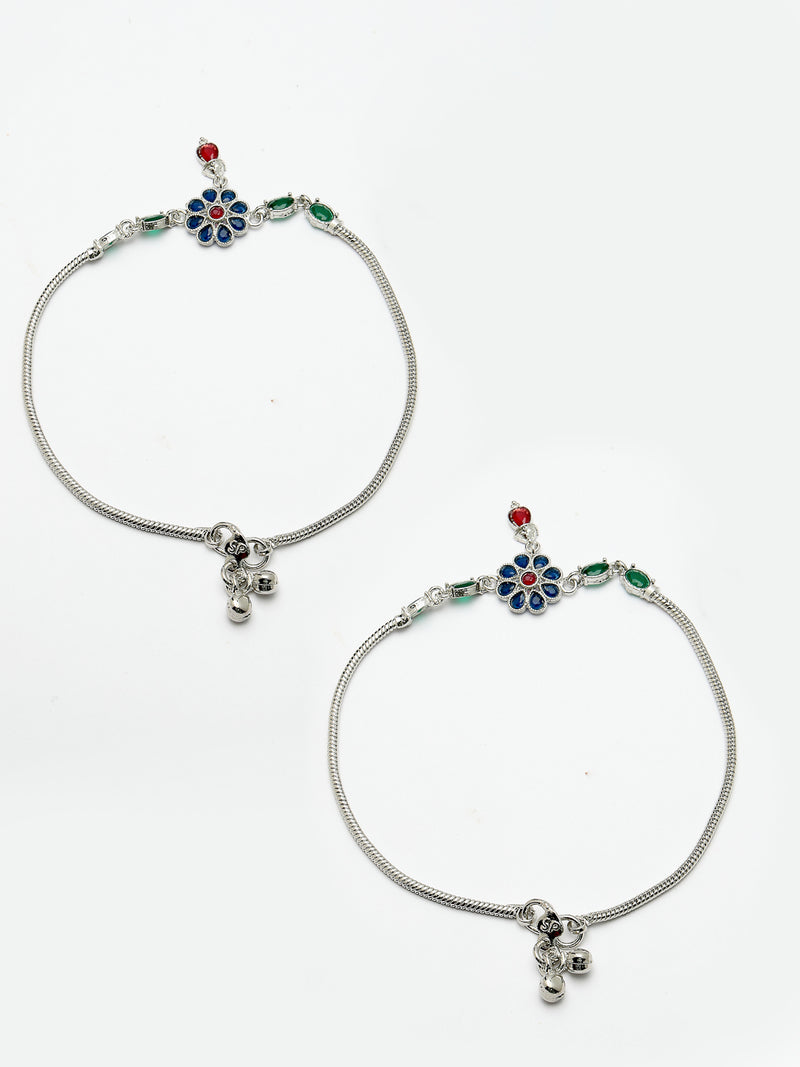 Oxidized Plated Silver Toned Anklet with Cubic Zirconia Stone in Sparkling Floral Design