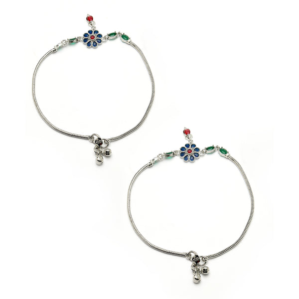 Rhodium Plated Silver Toned Flower Shaped Red Blue Green Cubic Zirconia studded Charm Anklets