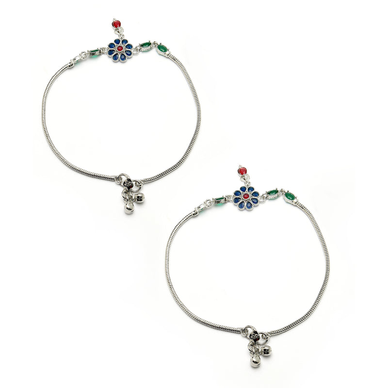 Rhodium Plated Silver Toned Flower Shaped Red Blue Green Cubic Zirconia studded Charm Anklets