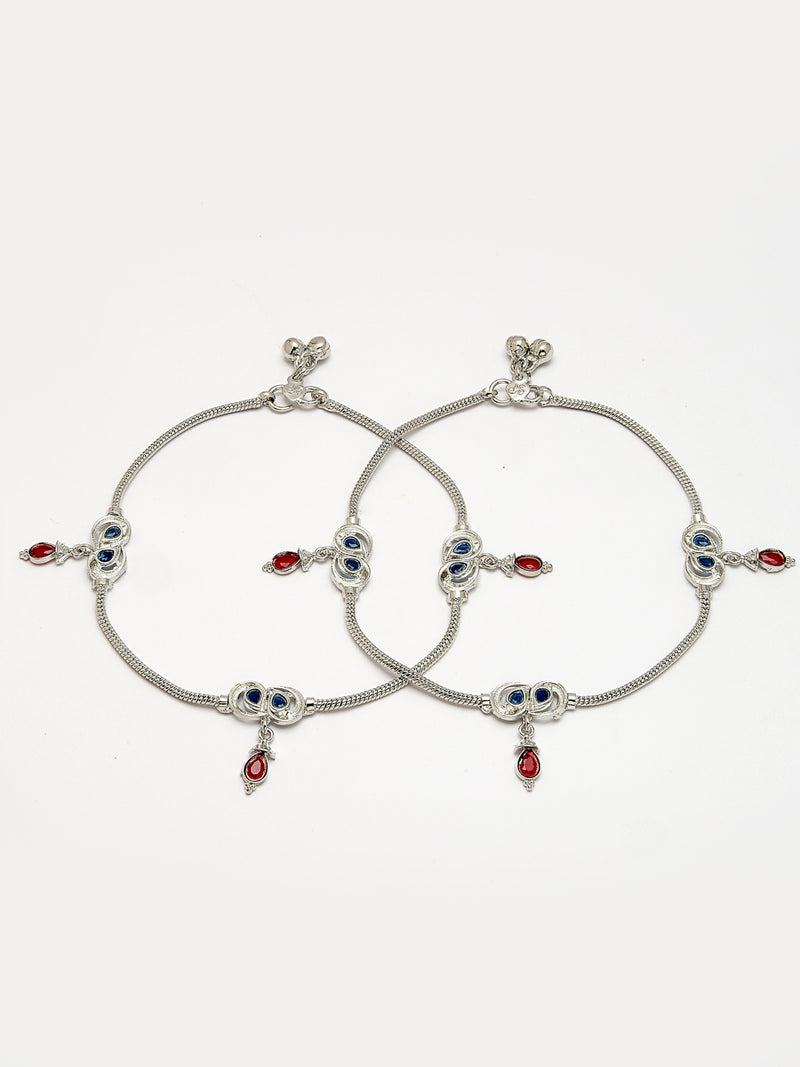 Oxidized Plated with Red & Blue Cubic Zirconia in Sparkling Traditional Design Anklet