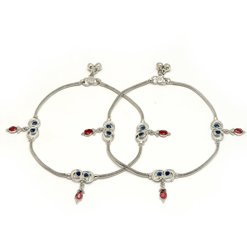 Rhodium Plated Silver Toned Red & Blue cubic Zirconia studded Charm Anklets