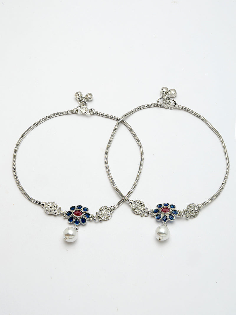 Oxidized Plated Anklet with Blue Cubic Zirconia & White Pearl in Floral Design