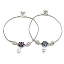 Rhodium Plated Silver Toned Flower Shaped Blue Cubic Zirconia studded Pearl Charm Anklets