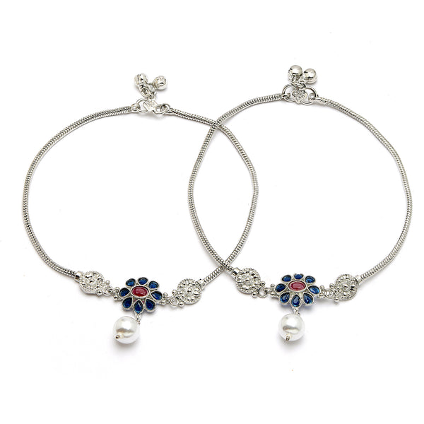 Rhodium Plated Silver Toned Flower Shaped Blue Cubic Zirconia studded Pearl Charm Anklets