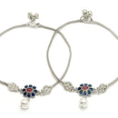 Rhodium Plated Silver Toned Flower Shaped Blue Cubic Zirconia studded Pearl Charm Anklets
