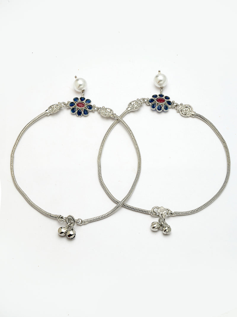 Oxidized Plated Anklet with Blue Cubic Zirconia & White Pearl in Floral Design