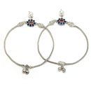 Rhodium Plated Silver Toned Flower Shaped Blue Cubic Zirconia studded Pearl Charm Anklets