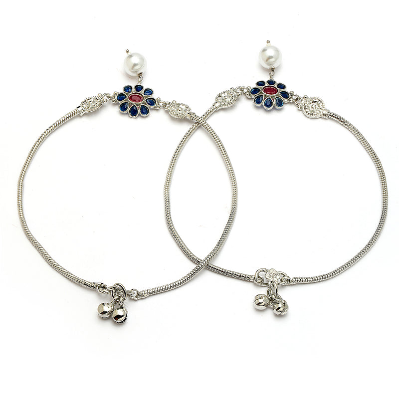 Rhodium Plated Silver Toned Flower Shaped Blue Cubic Zirconia studded Pearl Charm Anklets