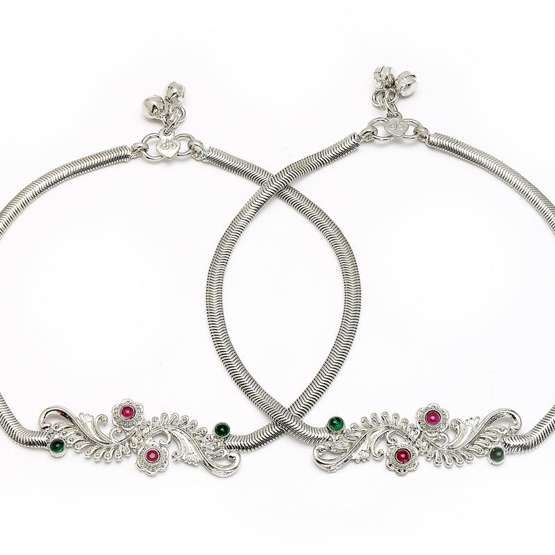 Rhodium Plated Silver Toned Braided Red & Green cubic Zirconia studded Anklets