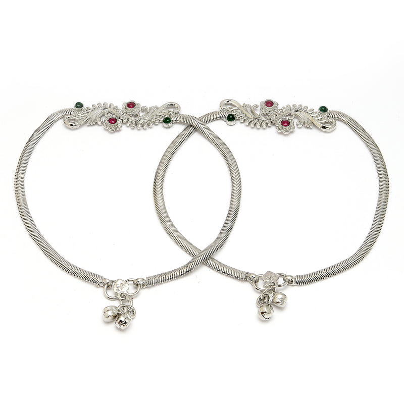 Rhodium Plated Silver Toned Braided Red & Green cubic Zirconia studded Anklets
