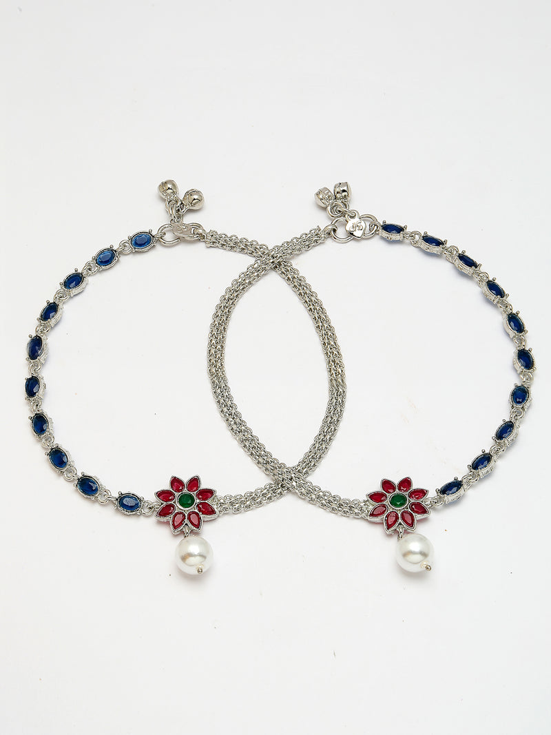 Oxidized Plated Silver Toned Anklet with Cubic Zirconia & Pearl in Sparkling Floral Design